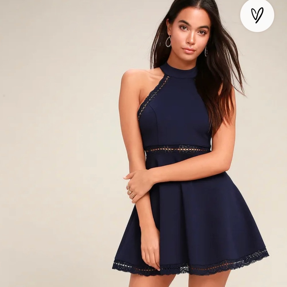 Lulu’s Reach Out My Hand Navy Blue Lace Skater Dress